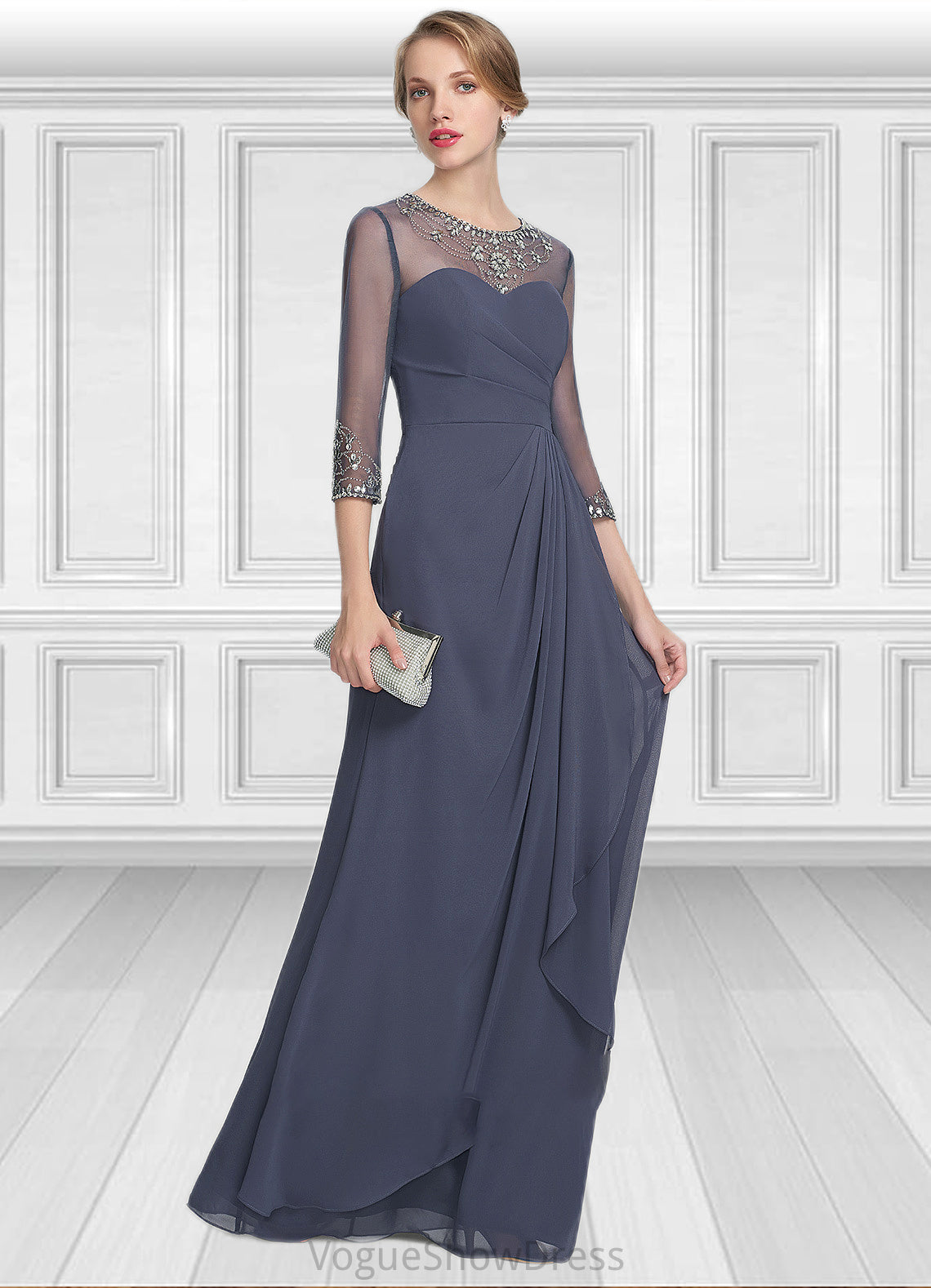 Simone A-Line Scoop Neck Floor-Length Chiffon Mother of the Bride Dress With Beading Sequins Cascading Ruffles DL126P0014921