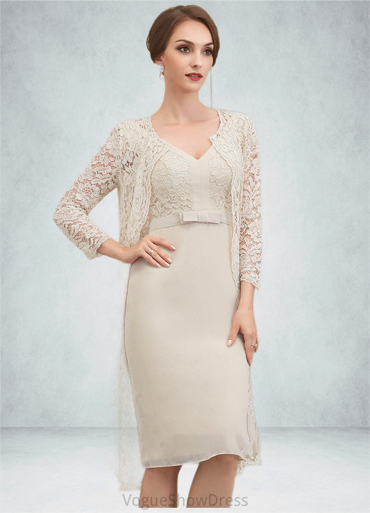 Phoebe Sheath/Column V-neck Knee-Length Chiffon Lace Mother of the Bride Dress With Bow(s) DL126P0014924