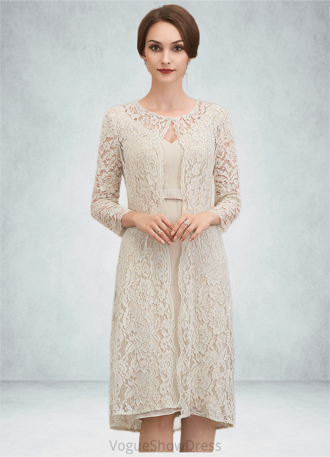 Phoebe Sheath/Column V-neck Knee-Length Chiffon Lace Mother of the Bride Dress With Bow(s) DL126P0014924