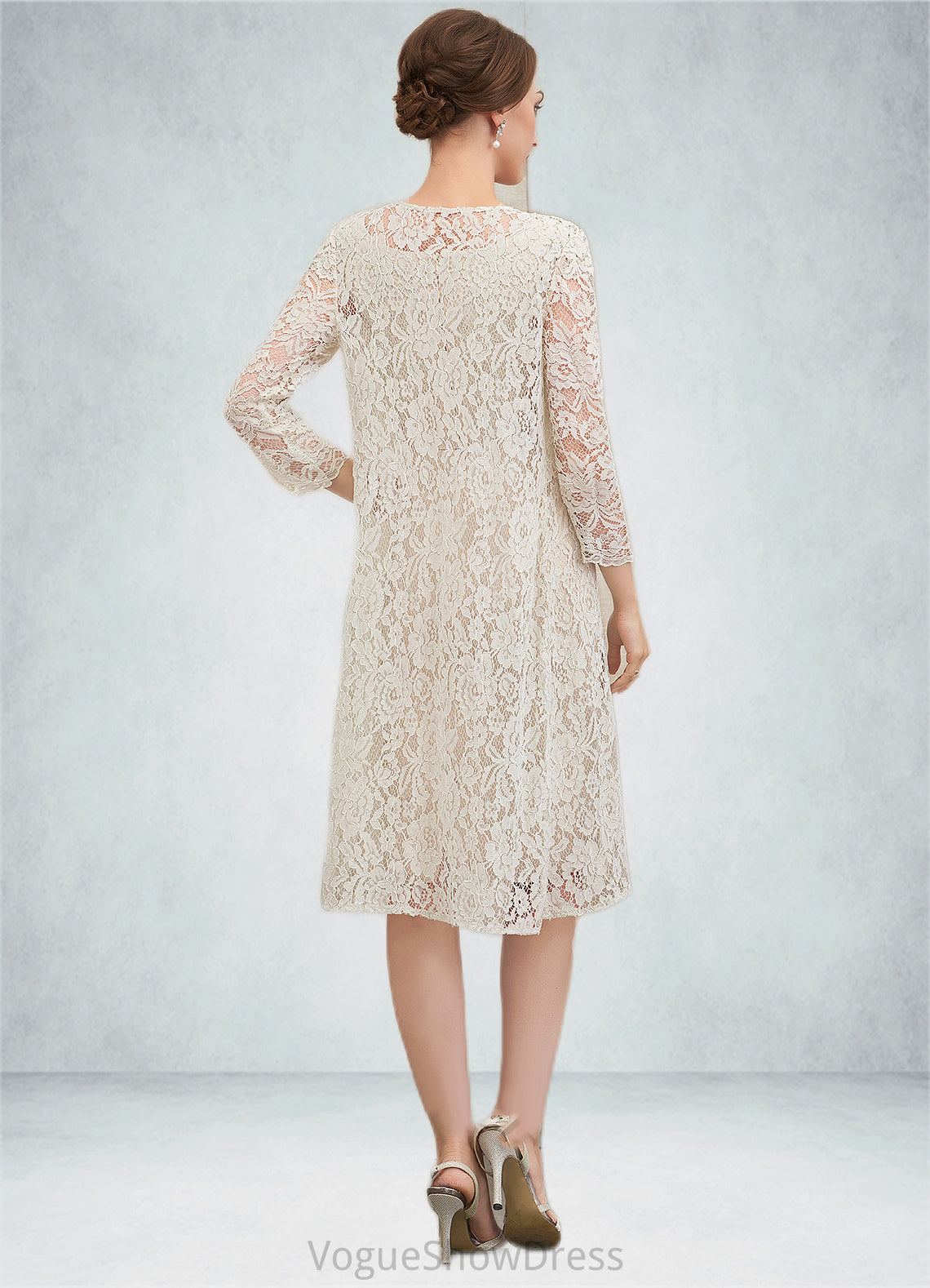 Phoebe Sheath/Column V-neck Knee-Length Chiffon Lace Mother of the Bride Dress With Bow(s) DL126P0014924