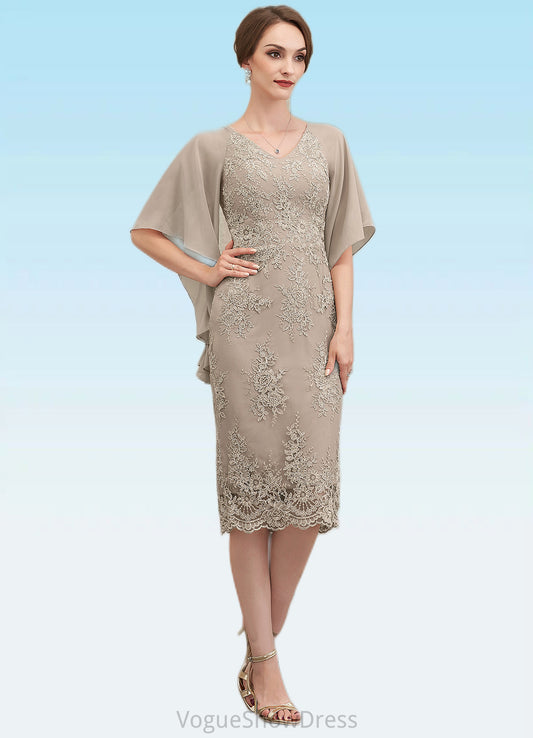 Alice Sheath/Column V-neck Knee-Length Chiffon Lace Mother of the Bride Dress With Cascading Ruffles DL126P0014925