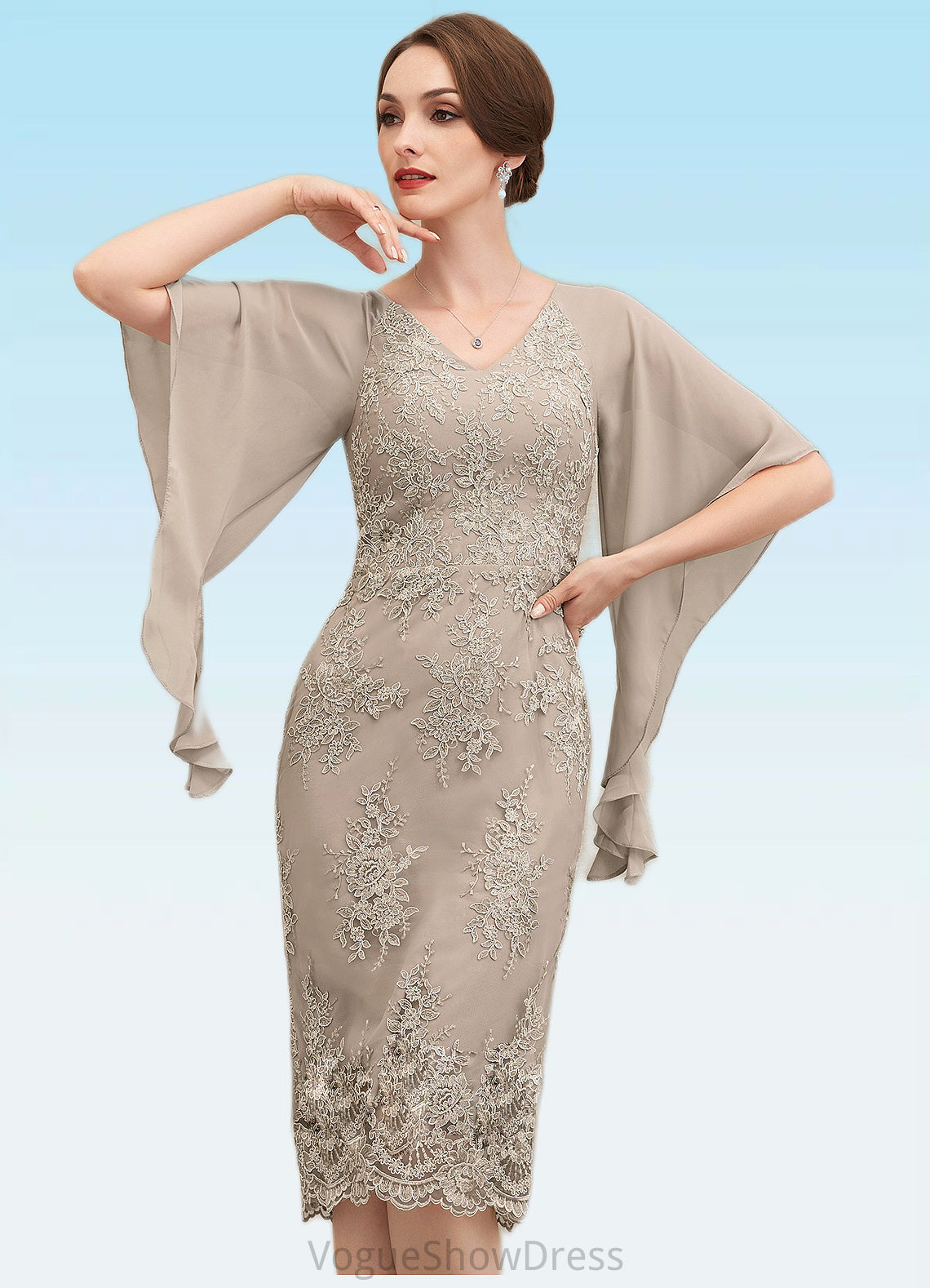 Alice Sheath/Column V-neck Knee-Length Chiffon Lace Mother of the Bride Dress With Cascading Ruffles DL126P0014925