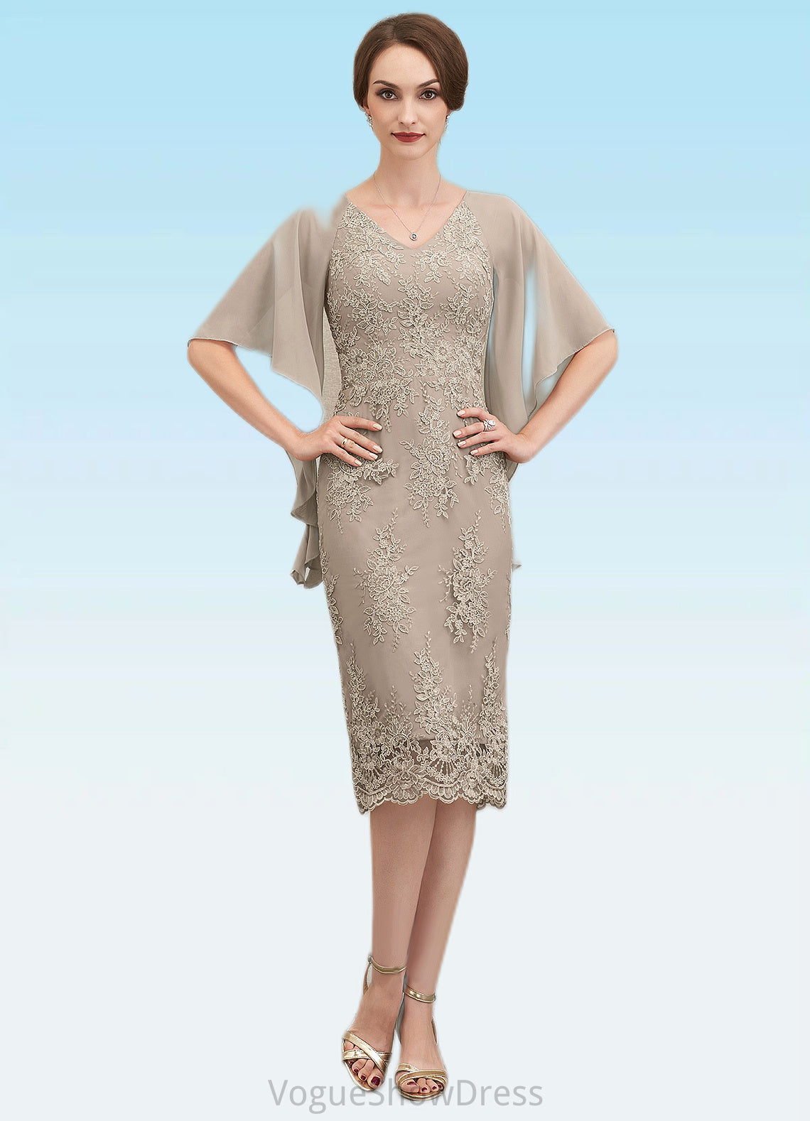 Alice Sheath/Column V-neck Knee-Length Chiffon Lace Mother of the Bride Dress With Cascading Ruffles DL126P0014925