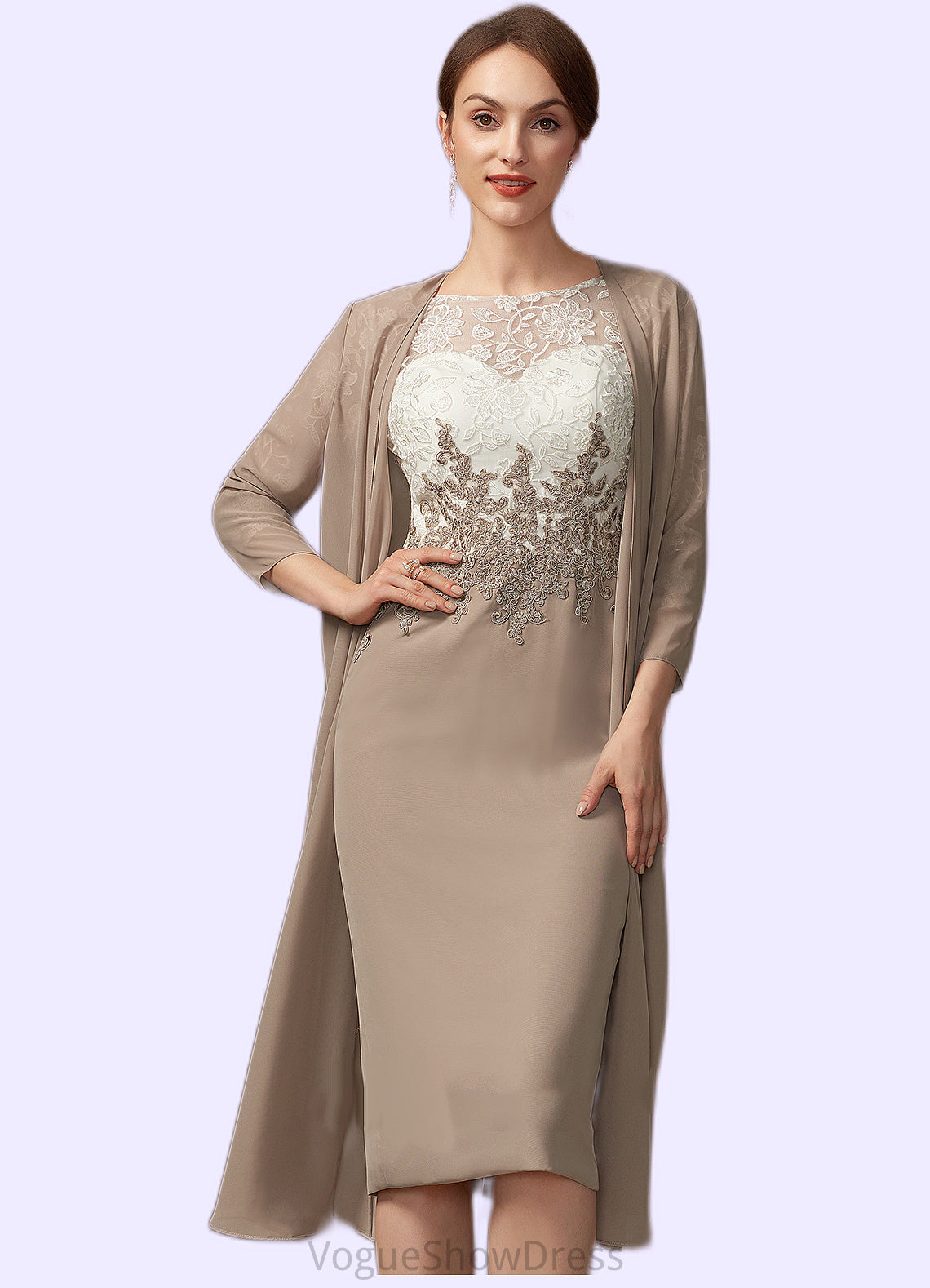 Cheyenne Sheath/Column Scoop Neck Knee-Length Chiffon Lace Mother of the Bride Dress DL126P0014927