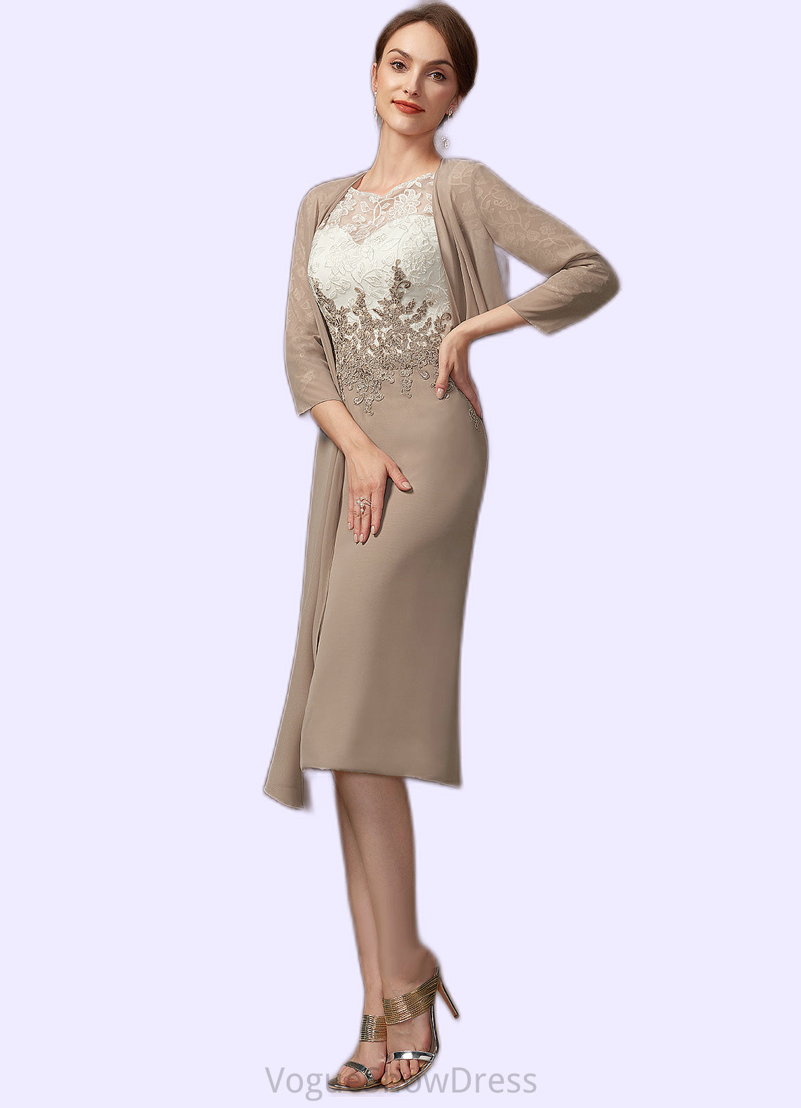 Cheyenne Sheath/Column Scoop Neck Knee-Length Chiffon Lace Mother of the Bride Dress DL126P0014927