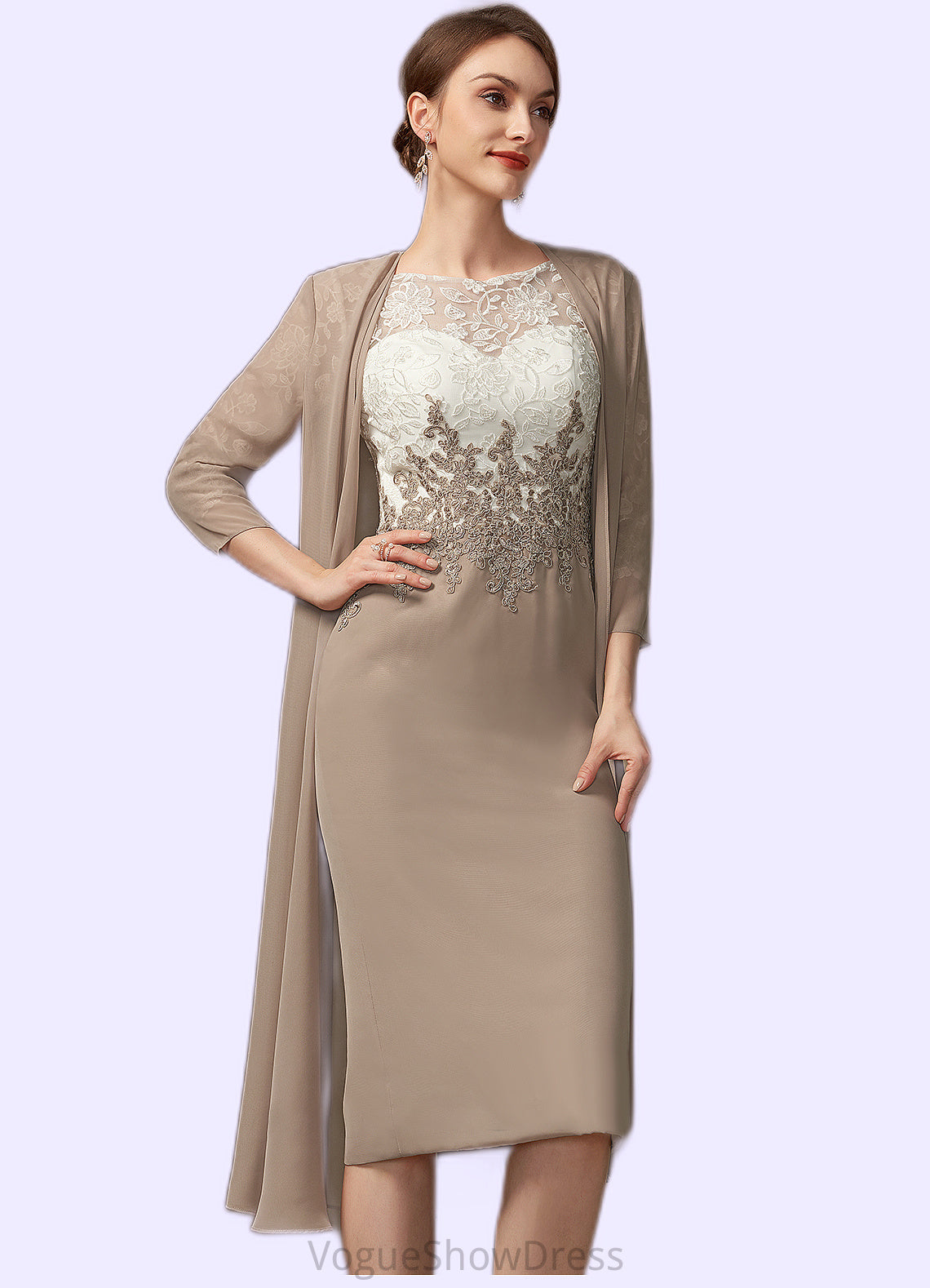 Cheyenne Sheath/Column Scoop Neck Knee-Length Chiffon Lace Mother of the Bride Dress DL126P0014927