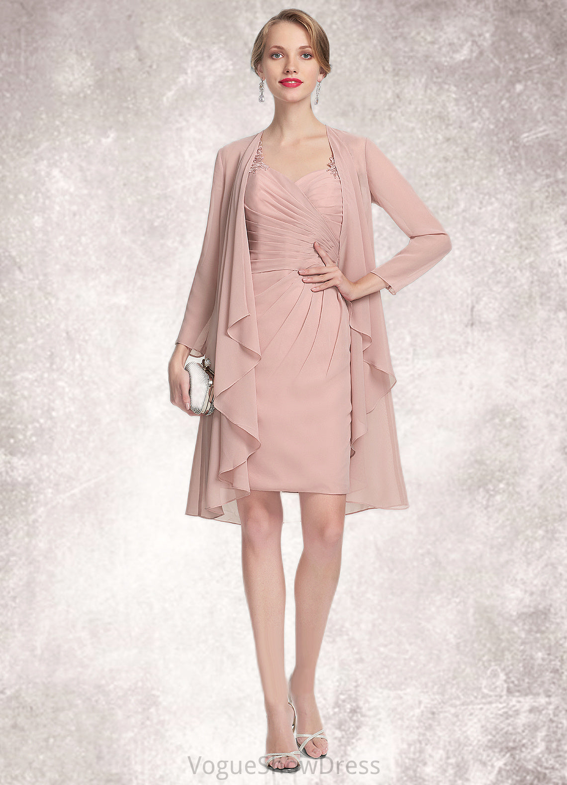 Audrey Sheath/Column Sweetheart Knee-Length Chiffon Mother of the Bride Dress With Ruffle Lace DL126P0014929