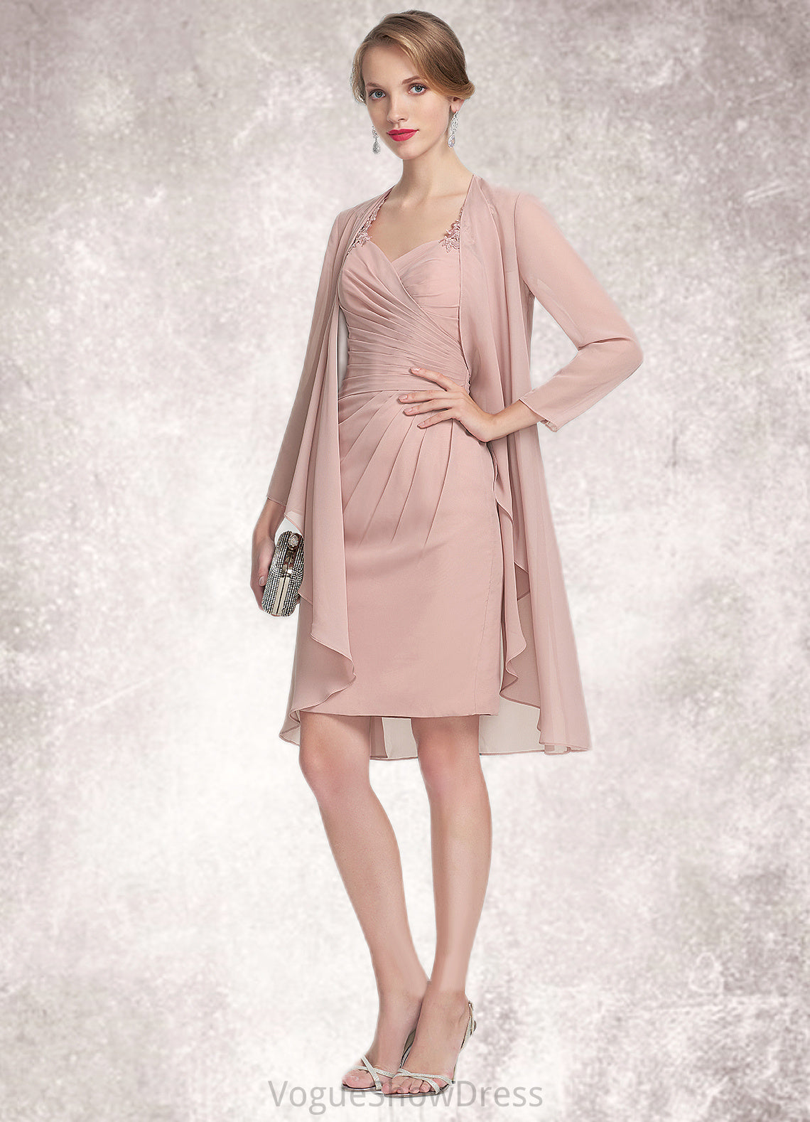 Audrey Sheath/Column Sweetheart Knee-Length Chiffon Mother of the Bride Dress With Ruffle Lace DL126P0014929