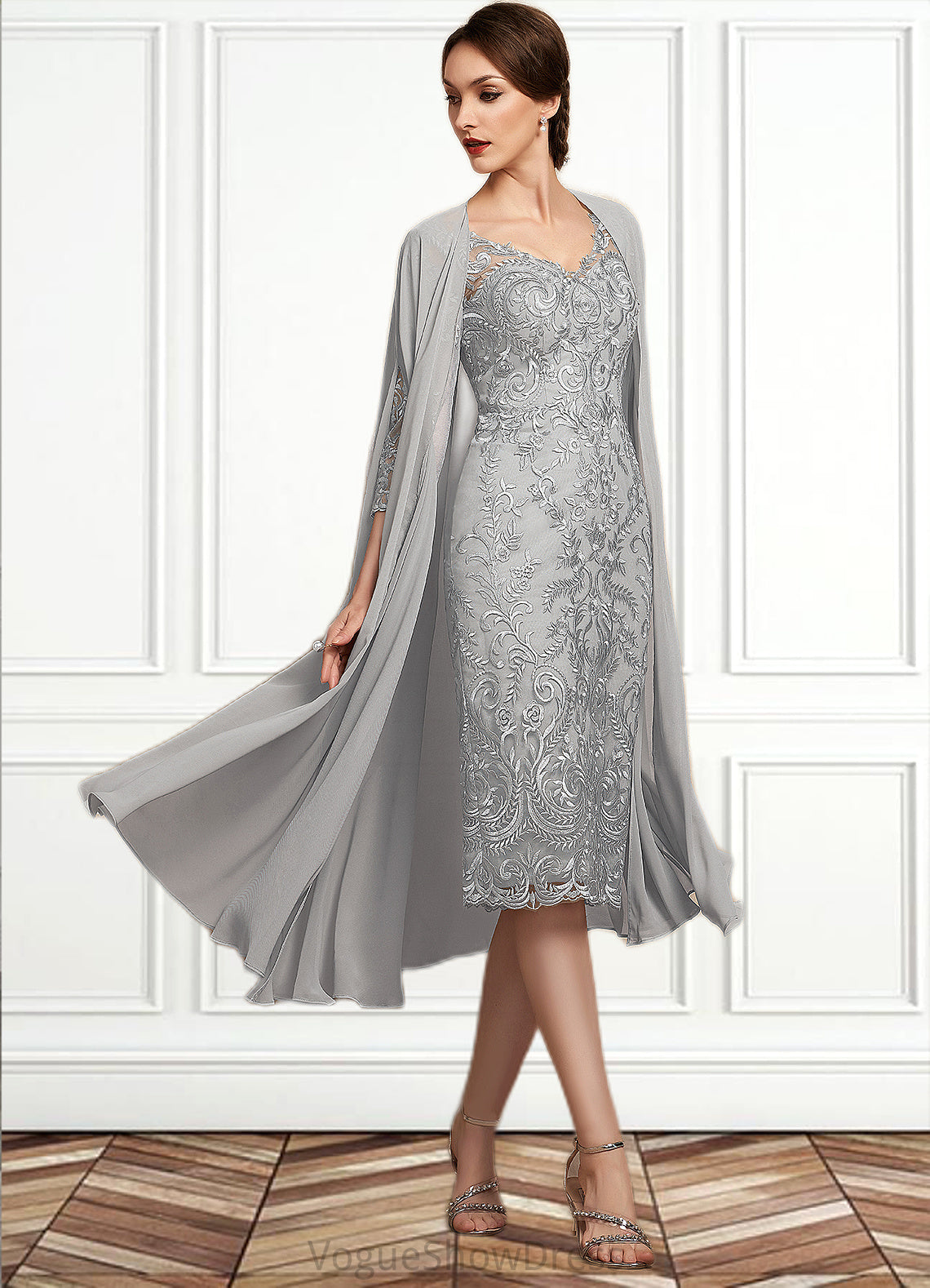 Ireland Sheath/Column V-neck Knee-Length Lace Mother of the Bride Dress DL126P0014931