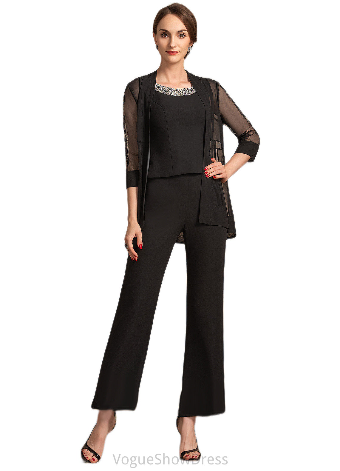 Kirsten Jumpsuit/Pantsuit Scoop Neck Ankle-Length Chiffon Mother of the Bride Dress With Beading Sequins DL126P0014932