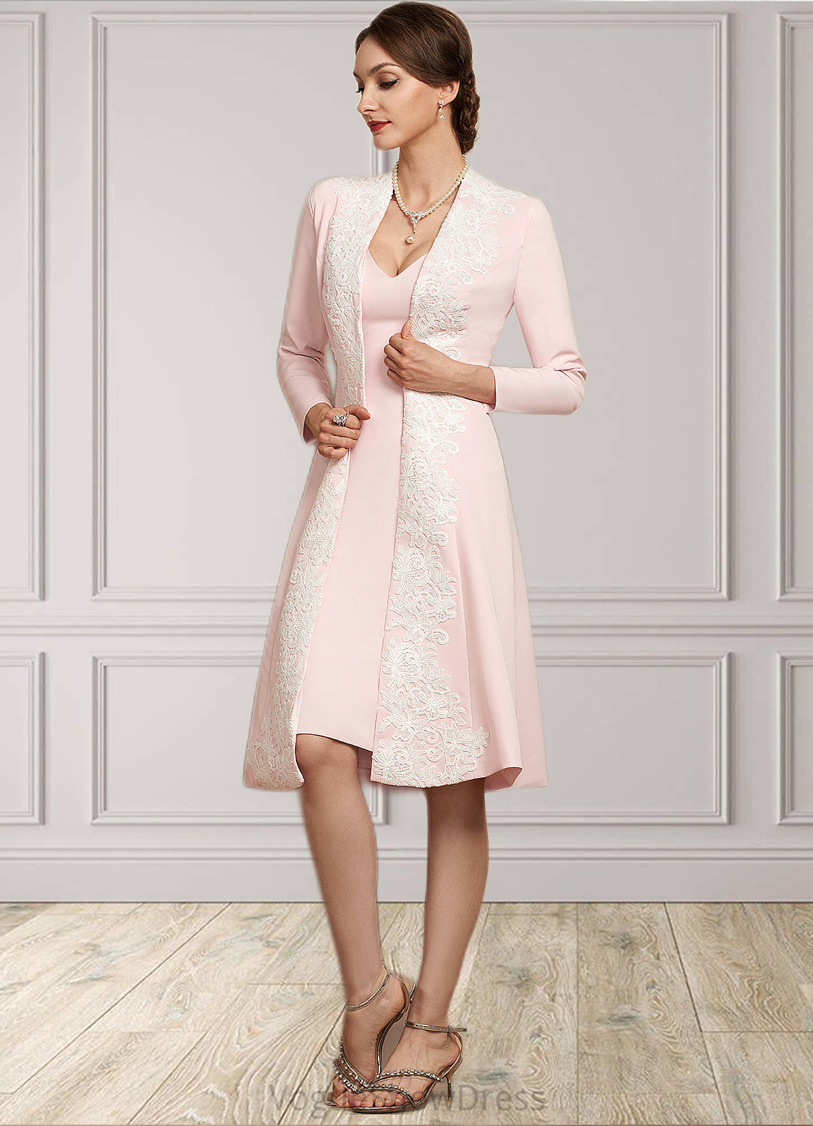 Stella Sheath/Column V-neck Knee-Length Stretch Crepe Mother of the Bride Dress DL126P0014933