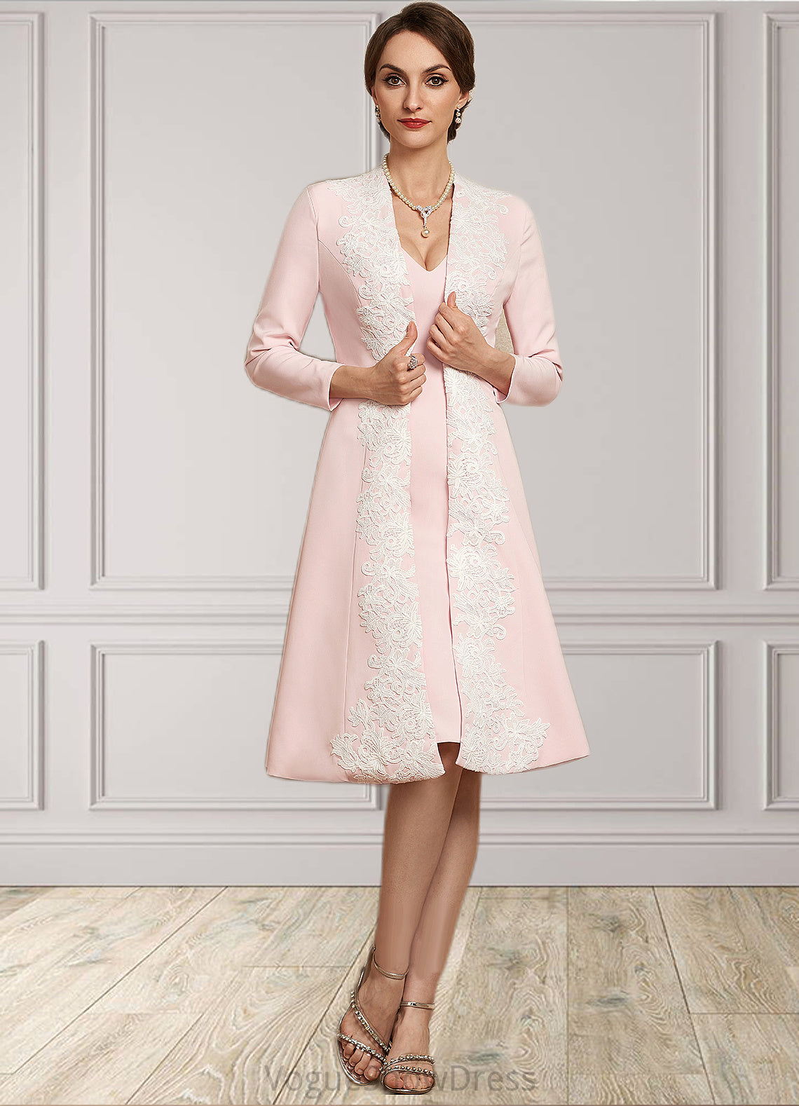 Stella Sheath/Column V-neck Knee-Length Stretch Crepe Mother of the Bride Dress DL126P0014933