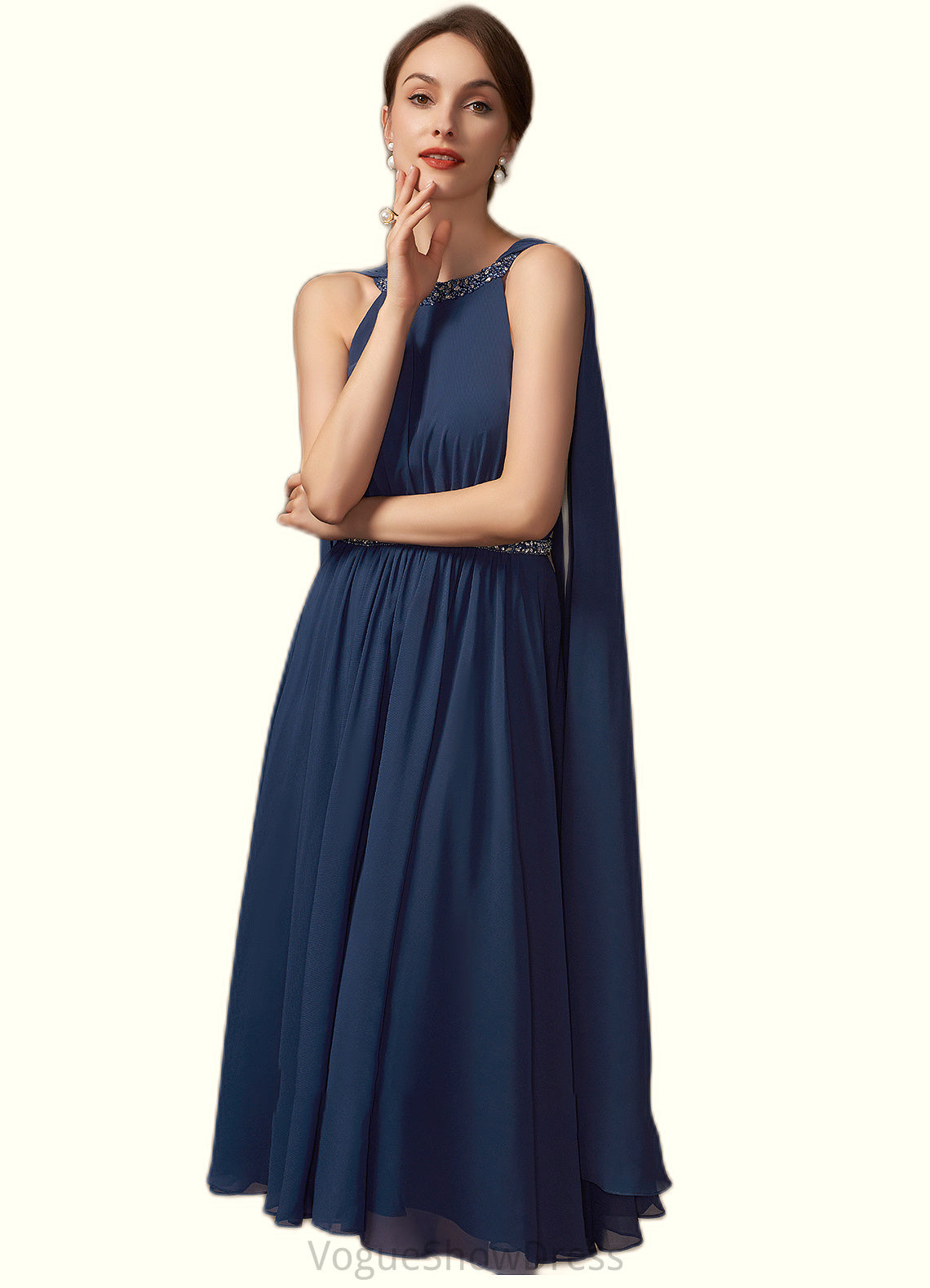 Hazel A-Line Scoop Neck Tea-Length Chiffon Mother of the Bride Dress With Beading DL126P0014934