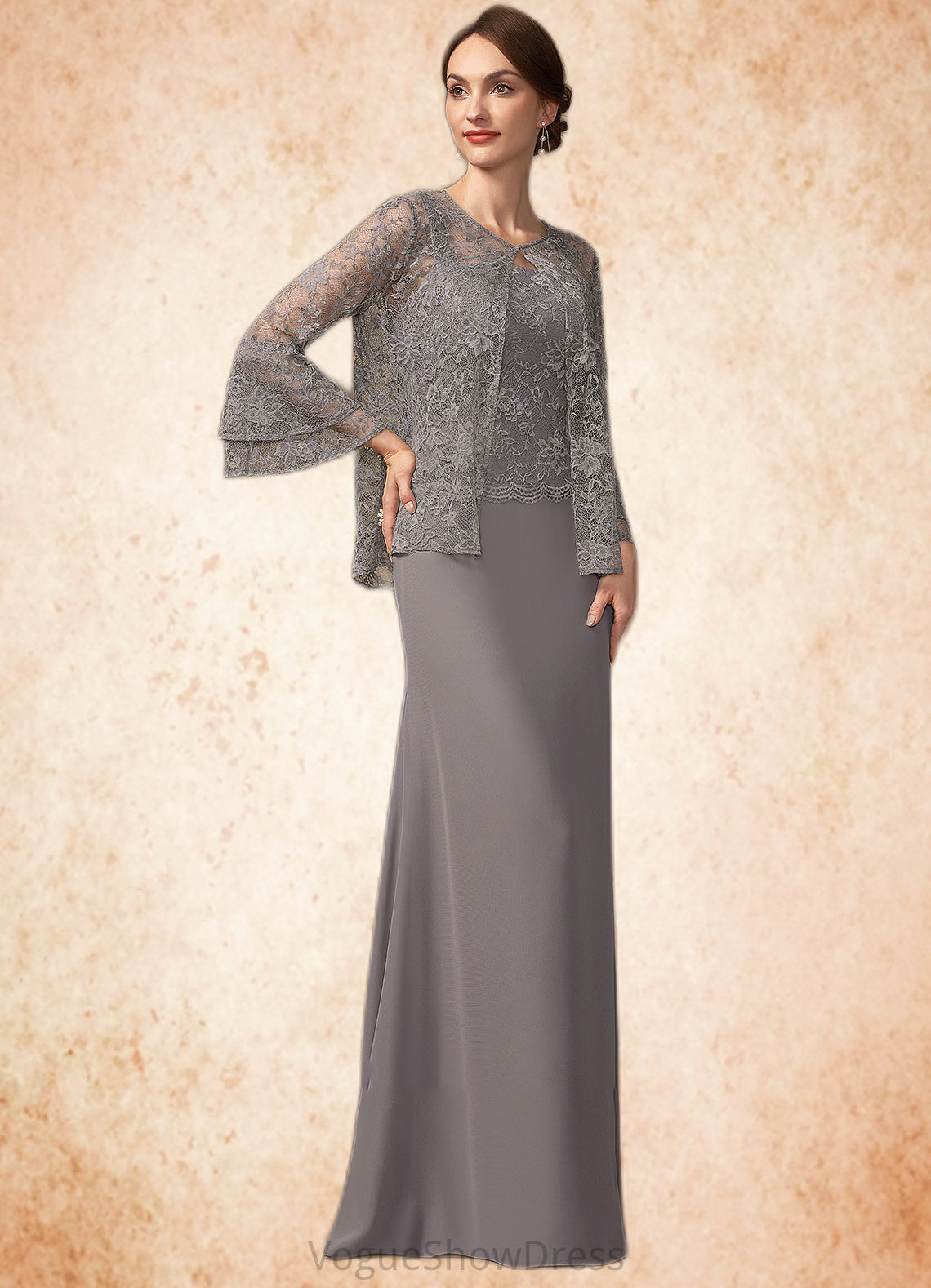 Veronica Sheath/Column Square Neckline Floor-Length Chiffon Lace Mother of the Bride Dress DL126P0014936