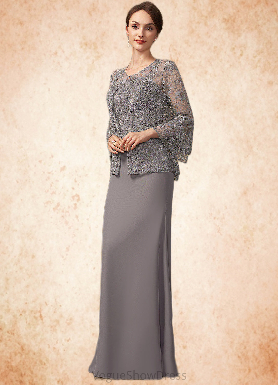 Veronica Sheath/Column Square Neckline Floor-Length Chiffon Lace Mother of the Bride Dress DL126P0014936