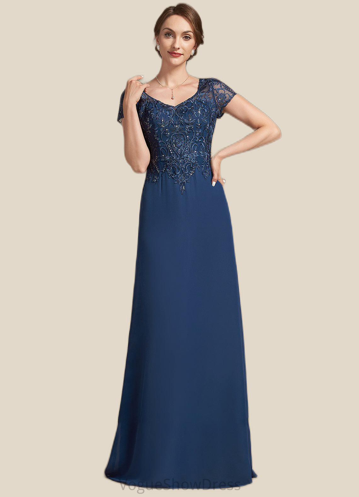 Harmony A-Line V-neck Floor-Length Chiffon Lace Mother of the Bride Dress With Sequins DL126P0014938