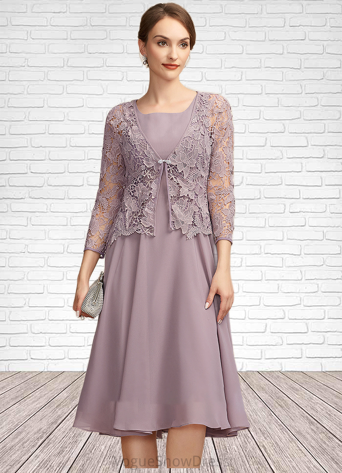 Everly A-Line Square Neckline Knee-Length Chiffon Mother of the Bride Dress DL126P0014940