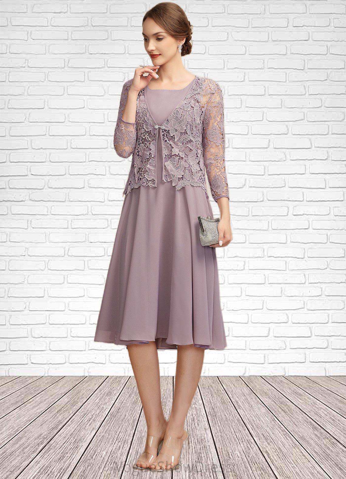 Everly A-Line Square Neckline Knee-Length Chiffon Mother of the Bride Dress DL126P0014940