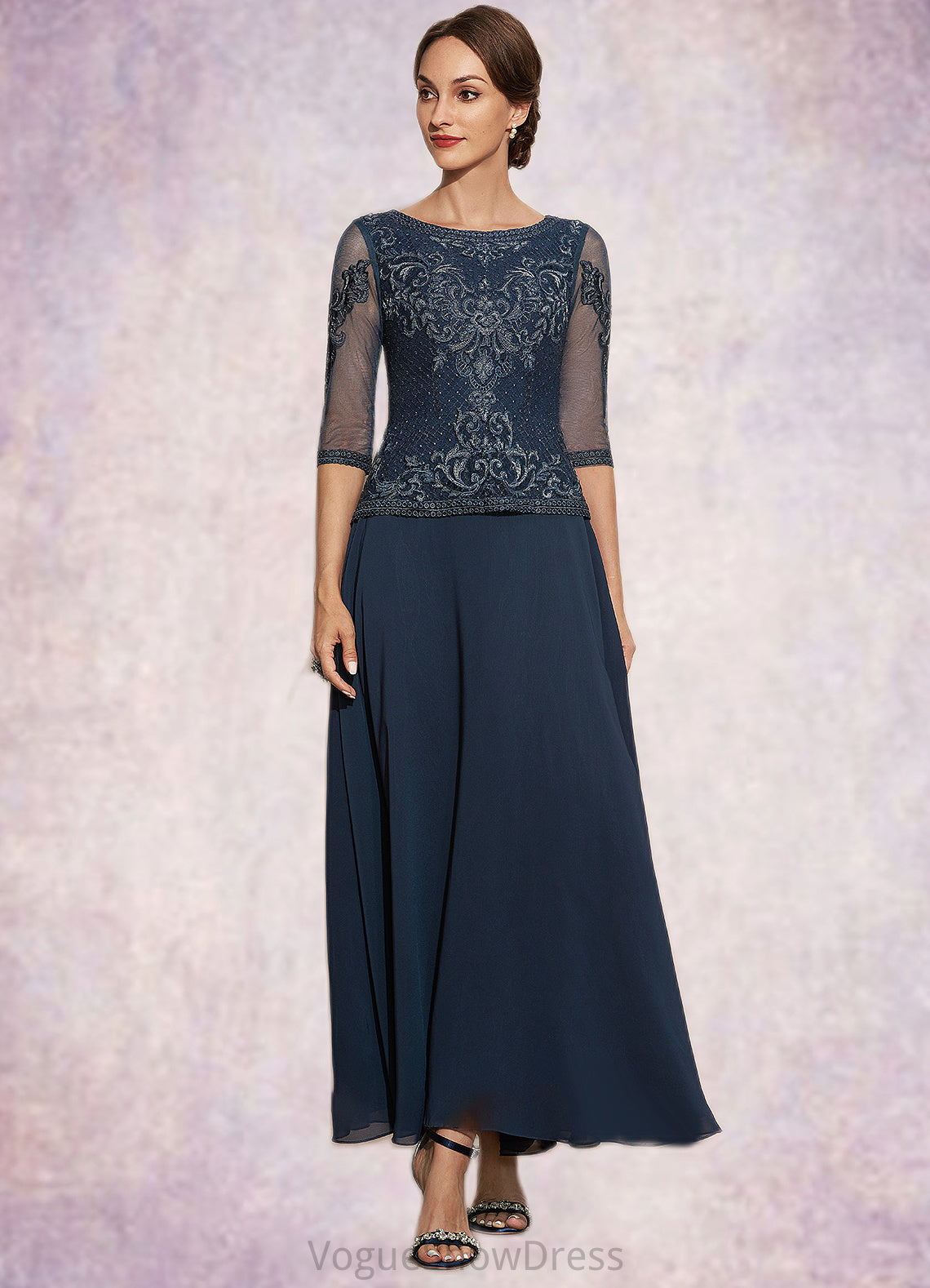 Vera A-Line Scoop Neck Ankle-Length Chiffon Lace Mother of the Bride Dress DL126P0014942