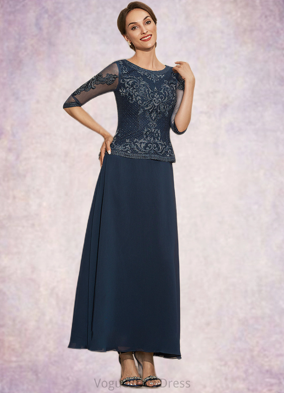 Vera A-Line Scoop Neck Ankle-Length Chiffon Lace Mother of the Bride Dress DL126P0014942