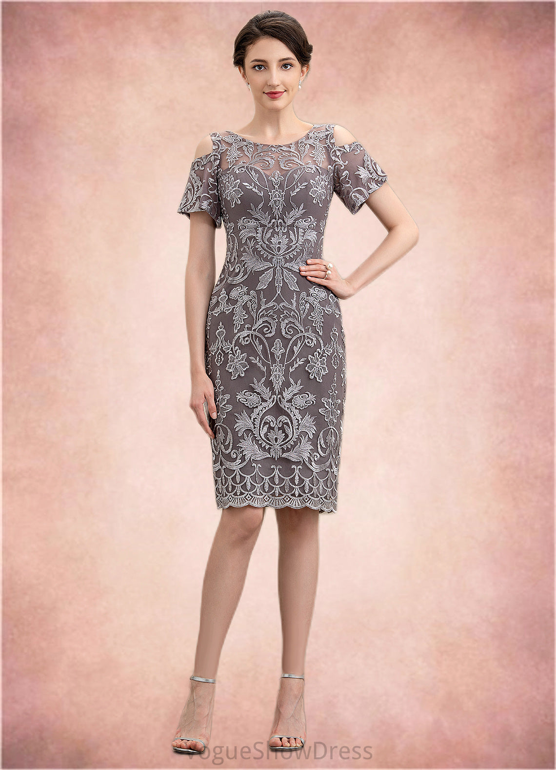 Vivian Sheath/Column Scoop Neck Knee-Length Lace Mother of the Bride Dress DL126P0014944