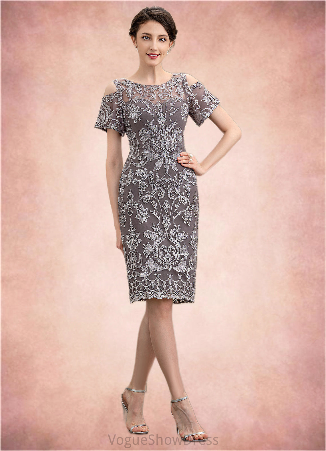 Vivian Sheath/Column Scoop Neck Knee-Length Lace Mother of the Bride Dress DL126P0014944