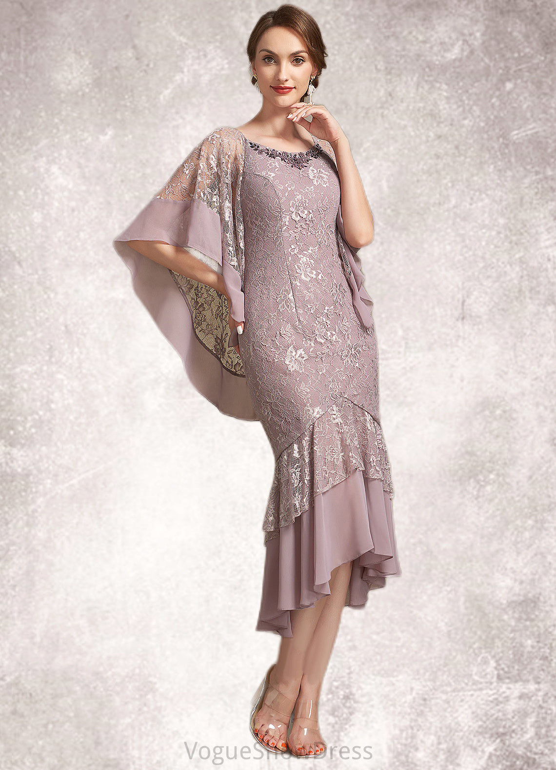 Anastasia Trumpet/Mermaid Scoop Neck Asymmetrical Chiffon Lace Mother of the Bride Dress DL126P0014945