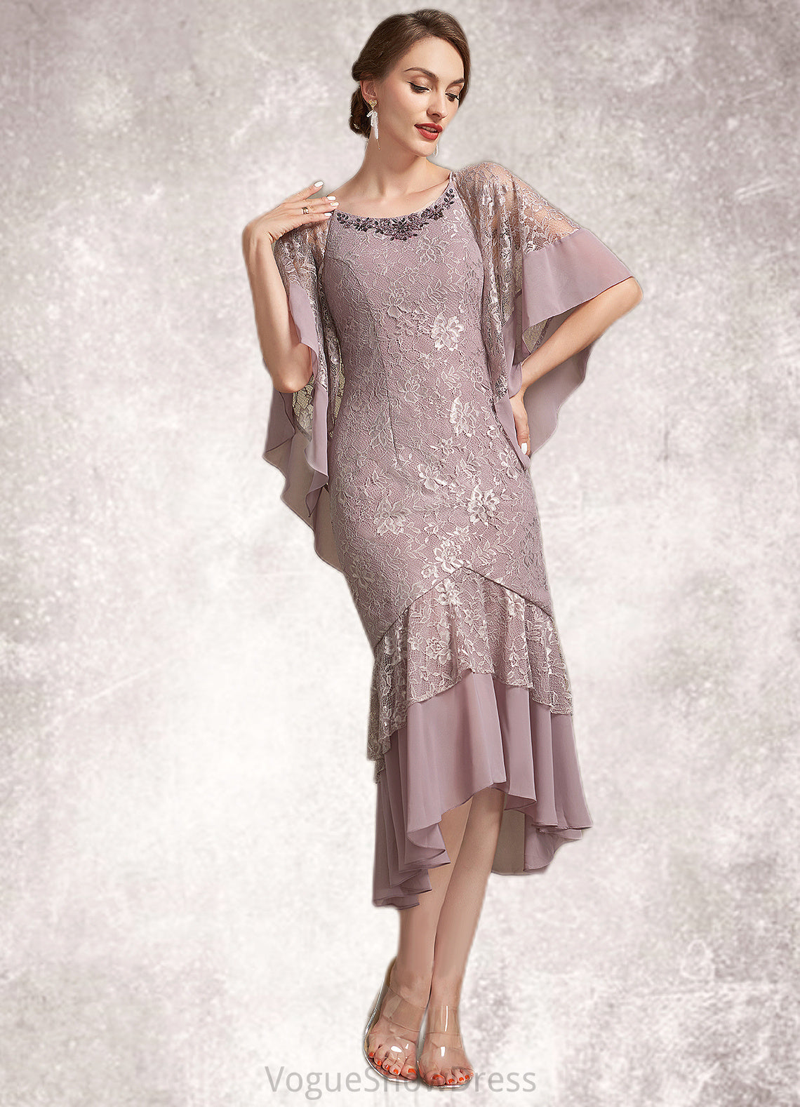 Anastasia Trumpet/Mermaid Scoop Neck Asymmetrical Chiffon Lace Mother of the Bride Dress DL126P0014945