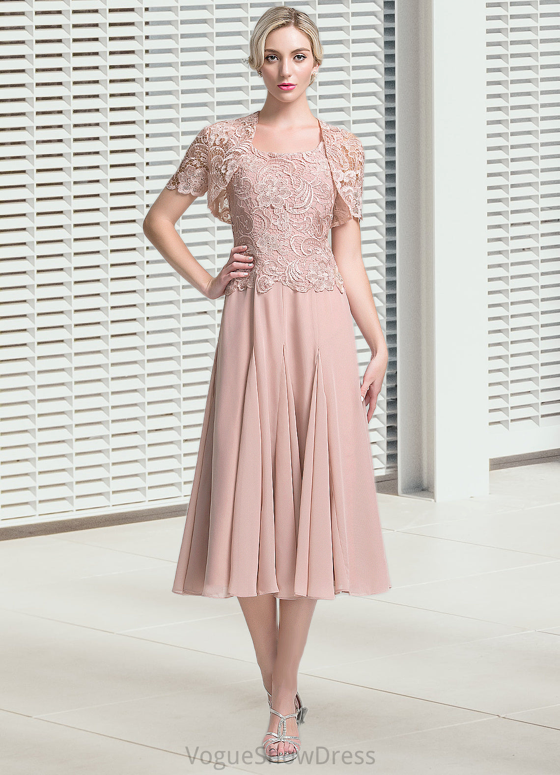 Selena A-Line Square Neckline Tea-Length Chiffon Mother of the Bride Dress DL126P0014947