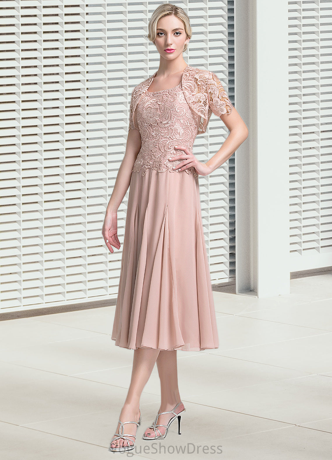 Selena A-Line Square Neckline Tea-Length Chiffon Mother of the Bride Dress DL126P0014947