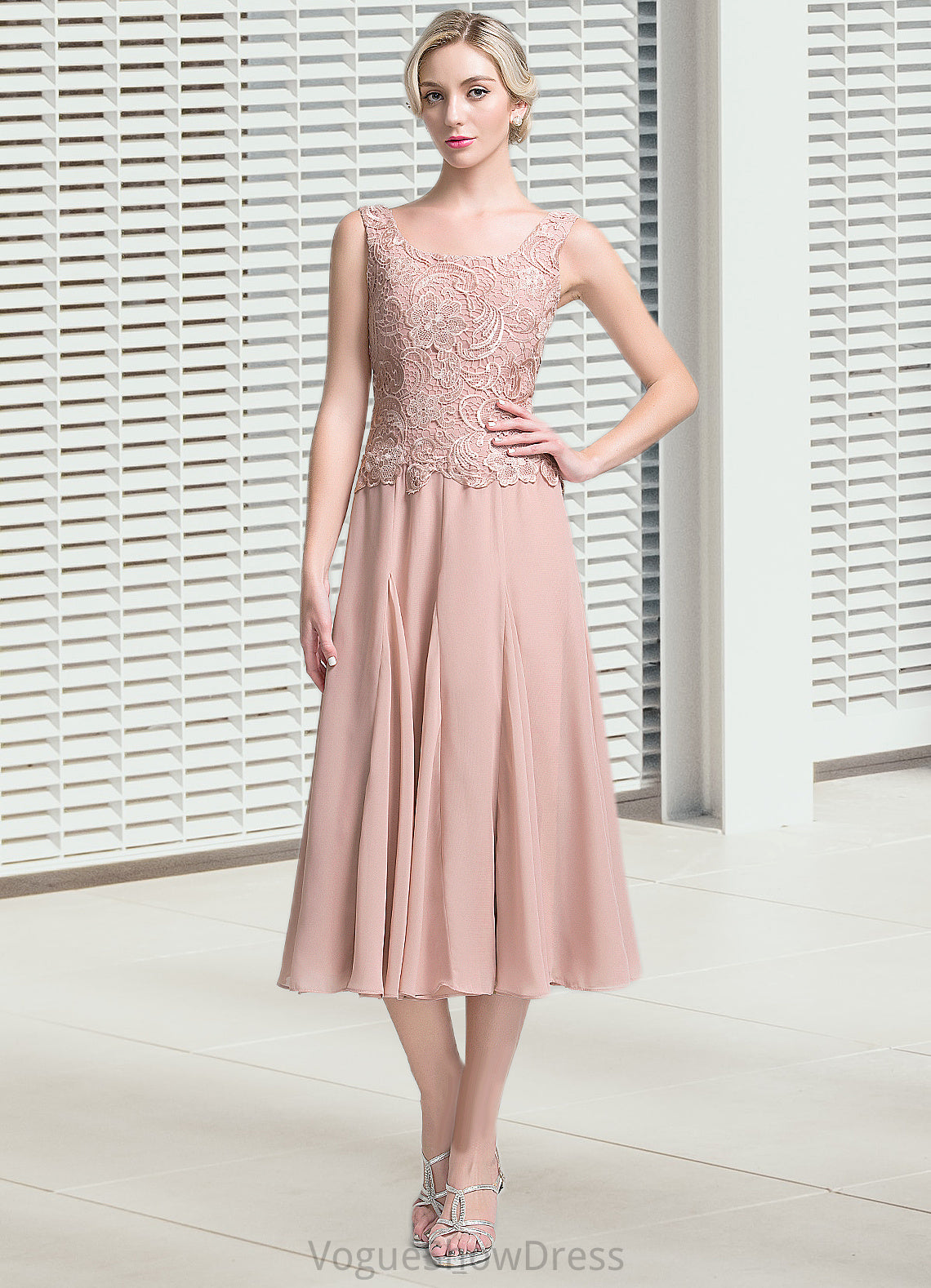 Selena A-Line Square Neckline Tea-Length Chiffon Mother of the Bride Dress DL126P0014947