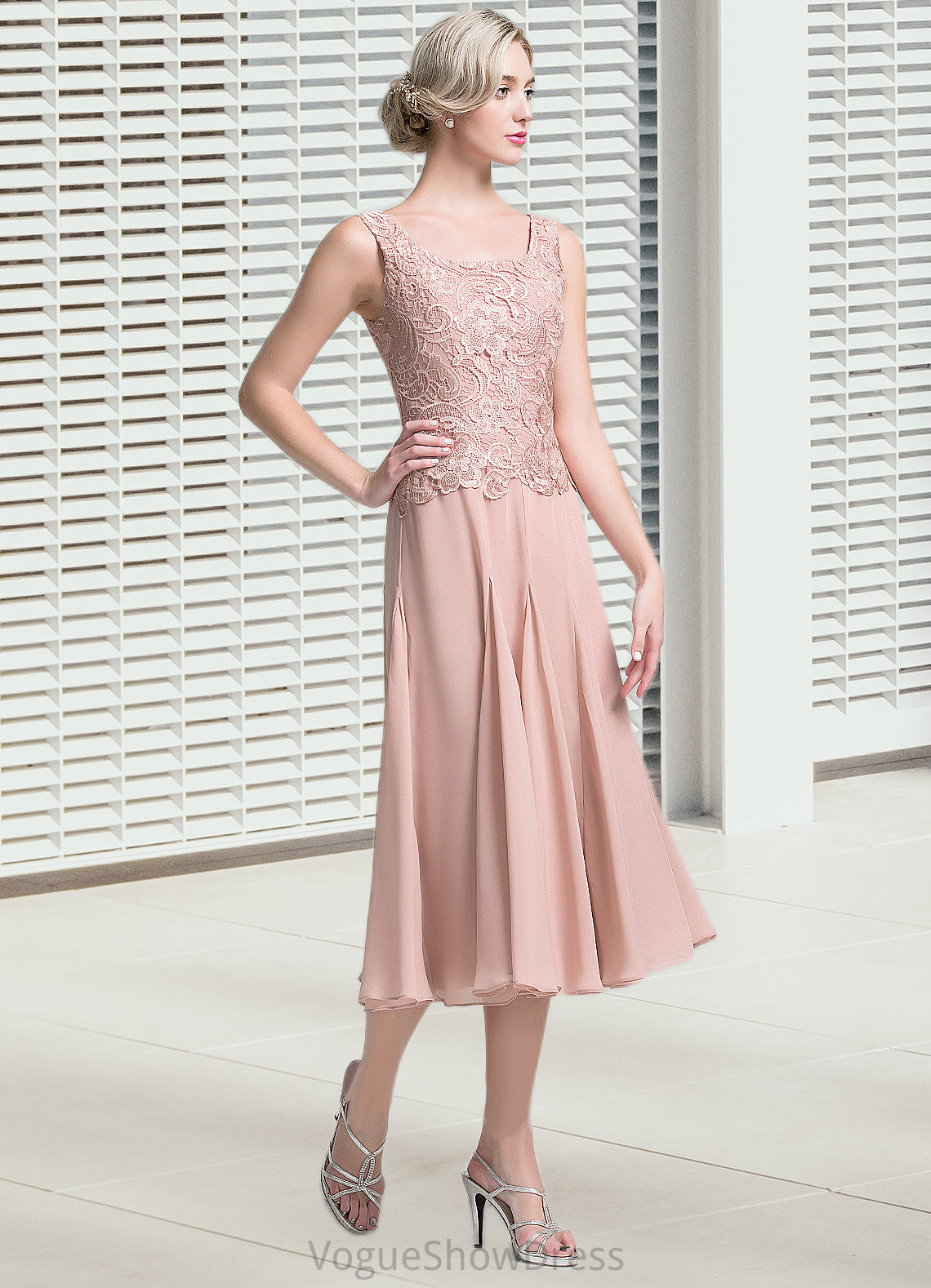 Selena A-Line Square Neckline Tea-Length Chiffon Mother of the Bride Dress DL126P0014947