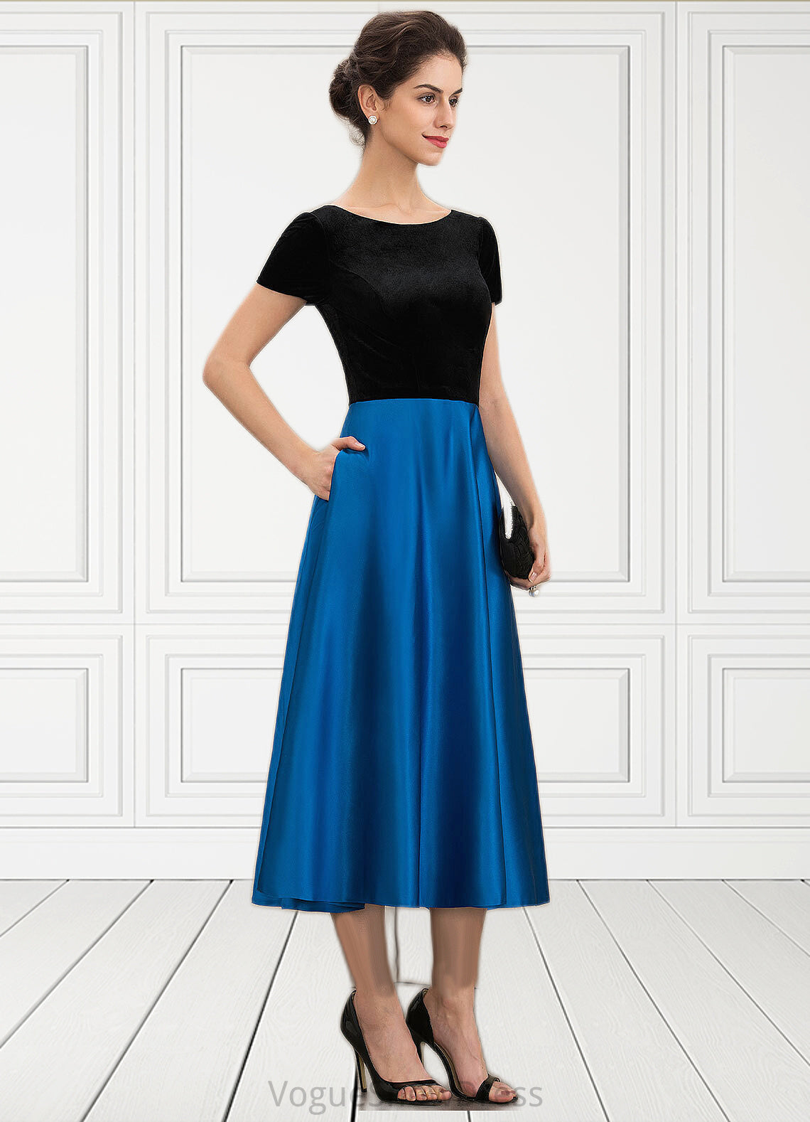 Lori A-Line Scoop Neck Tea-Length Satin Velvet Mother of the Bride Dress With Pockets DL126P0014950