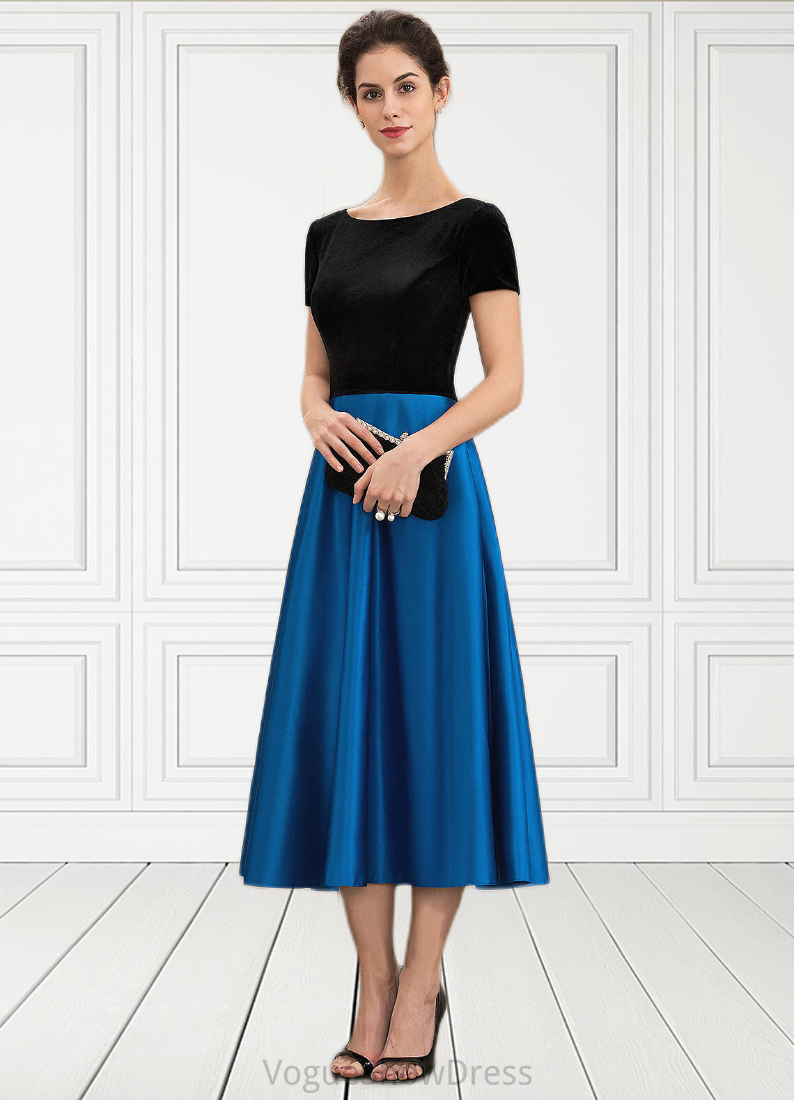 Lori A-Line Scoop Neck Tea-Length Satin Velvet Mother of the Bride Dress With Pockets DL126P0014950