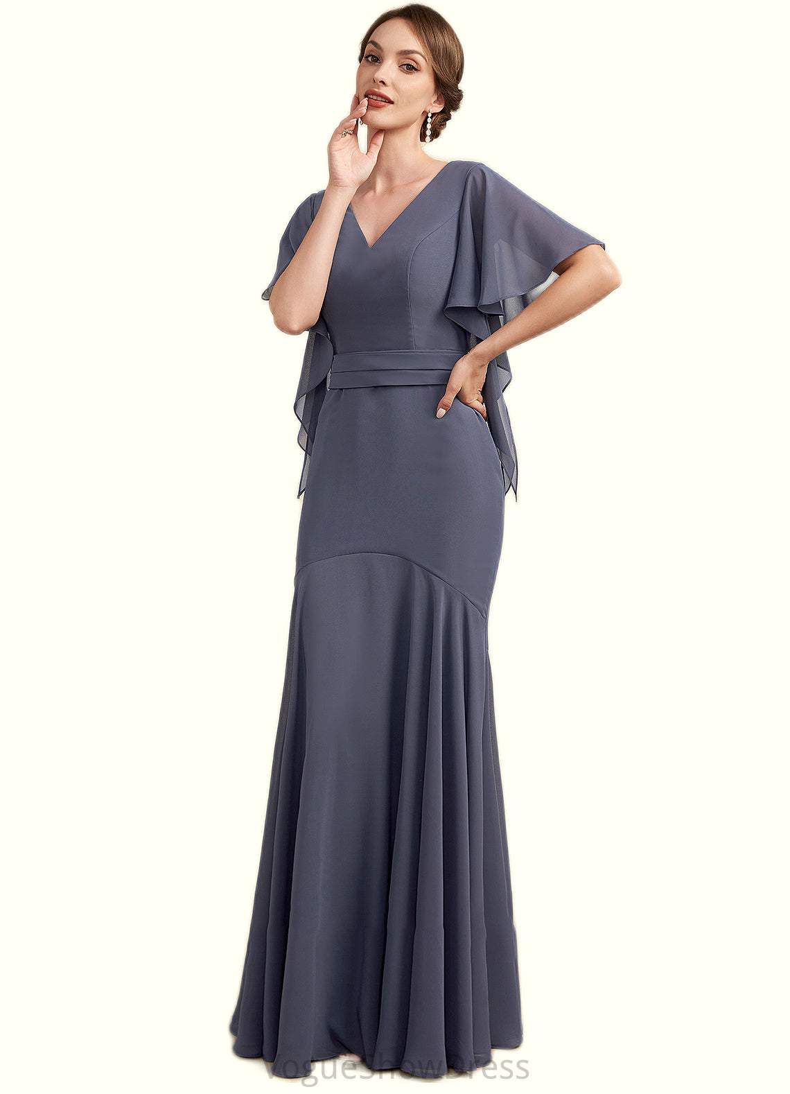 Leia Trumpet/Mermaid V-neck Floor-Length Chiffon Mother of the Bride Dress DL126P0014951