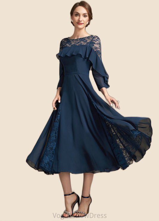 Alexa A-Line Scoop Neck Tea-Length Chiffon Lace Mother of the Bride Dress With Beading Cascading Ruffles DL126P0014952