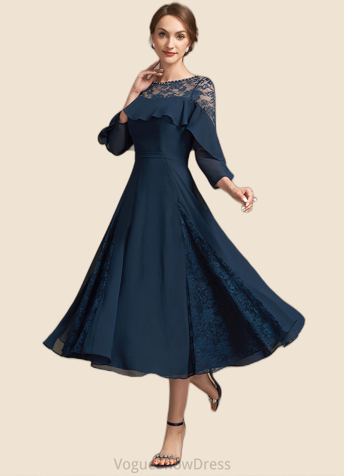 Alexa A-Line Scoop Neck Tea-Length Chiffon Lace Mother of the Bride Dress With Beading Cascading Ruffles DL126P0014952