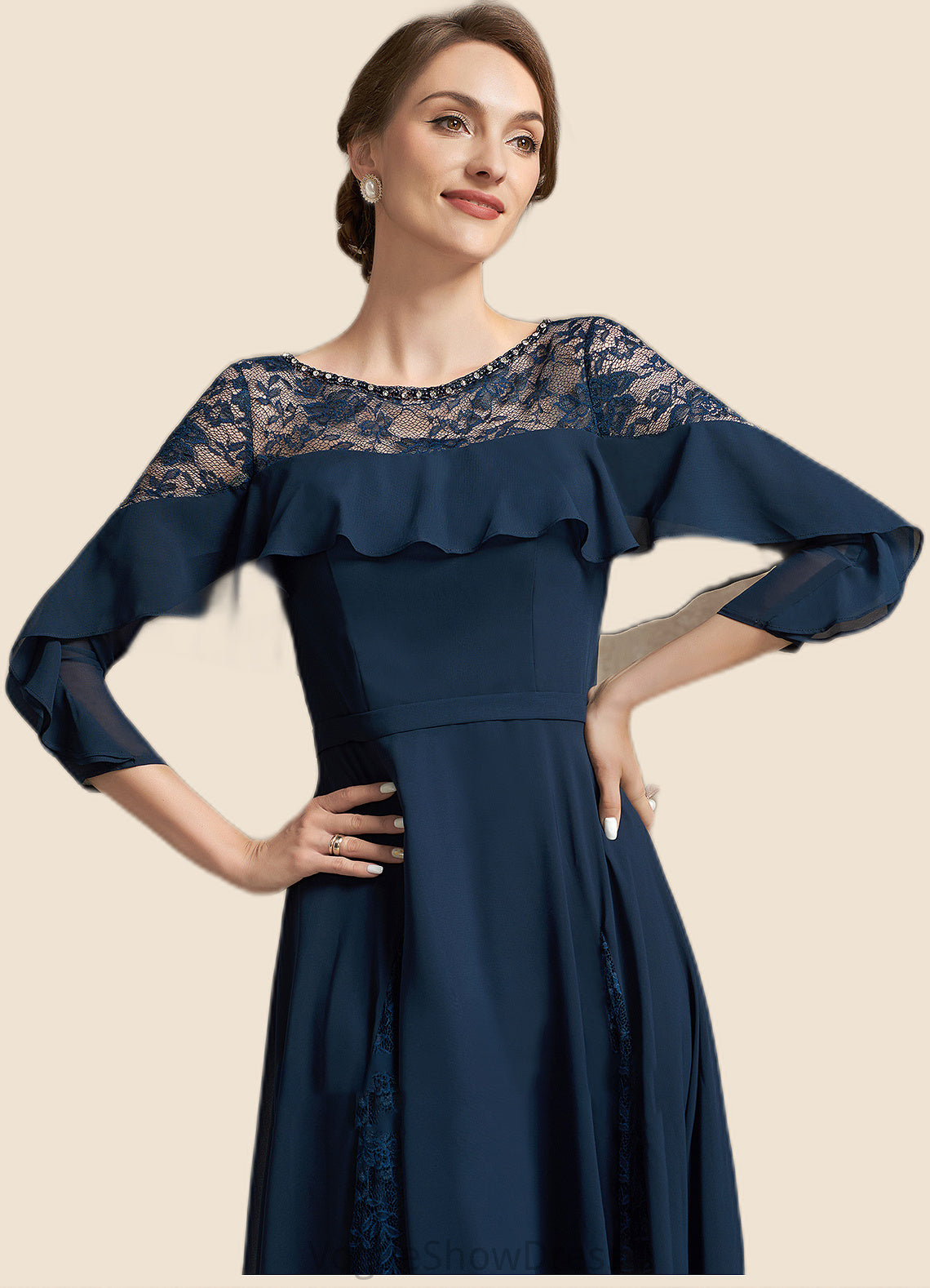 Alexa A-Line Scoop Neck Tea-Length Chiffon Lace Mother of the Bride Dress With Beading Cascading Ruffles DL126P0014952