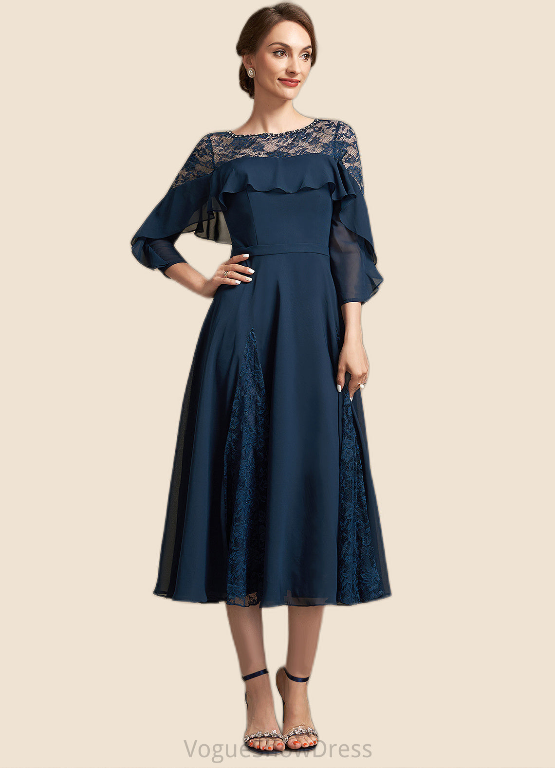 Alexa A-Line Scoop Neck Tea-Length Chiffon Lace Mother of the Bride Dress With Beading Cascading Ruffles DL126P0014952