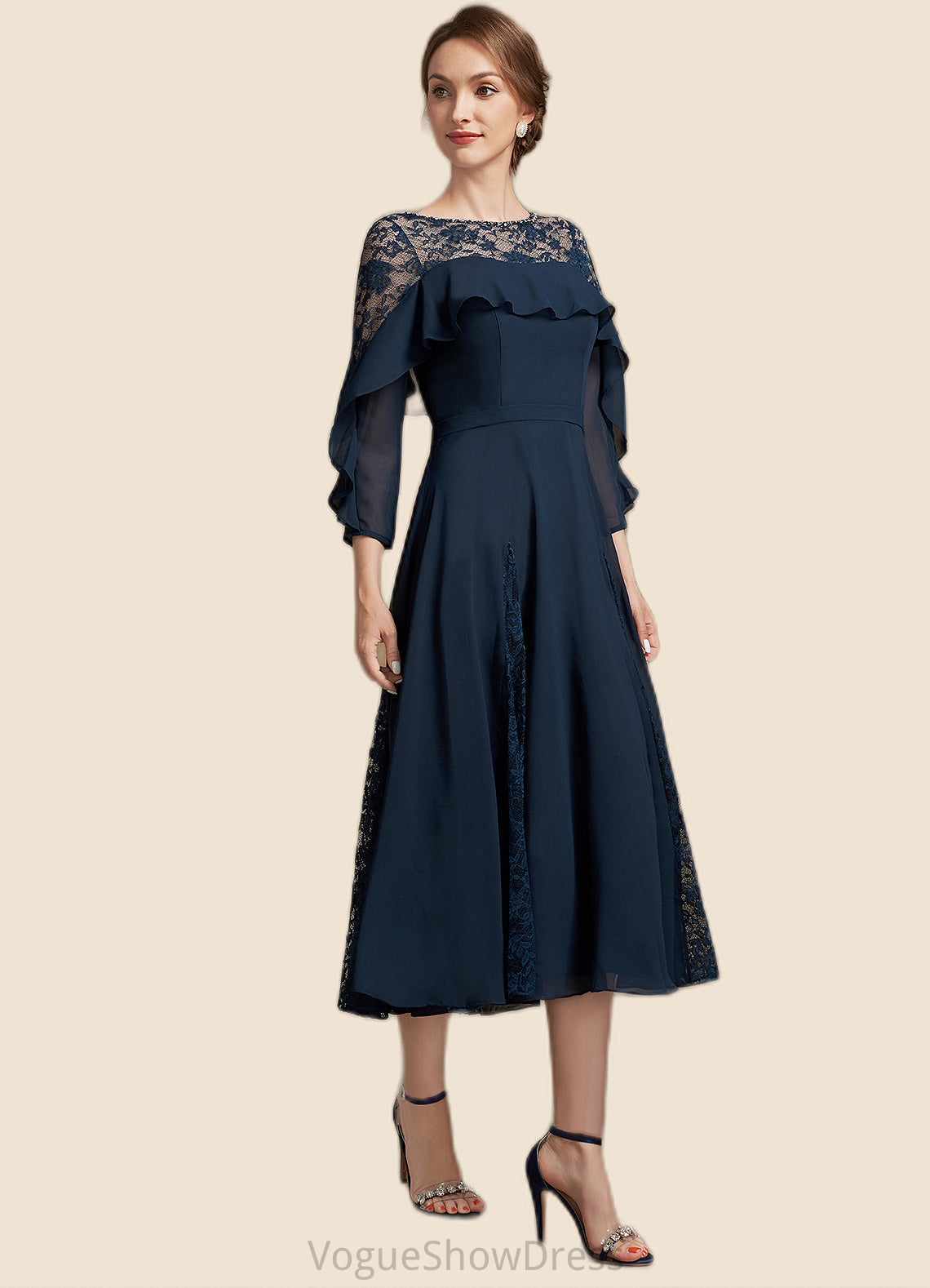 Alexa A-Line Scoop Neck Tea-Length Chiffon Lace Mother of the Bride Dress With Beading Cascading Ruffles DL126P0014952