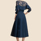 Alexa A-Line Scoop Neck Tea-Length Chiffon Lace Mother of the Bride Dress With Beading Cascading Ruffles DL126P0014952