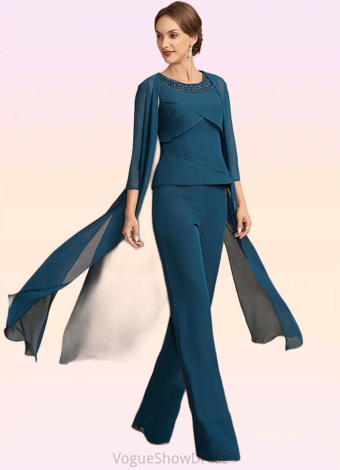 Kaila Jumpsuit/Pantsuit Scoop Neck Floor-Length Chiffon Mother of the Bride Dress With Beading Cascading Ruffles DL126P0014956