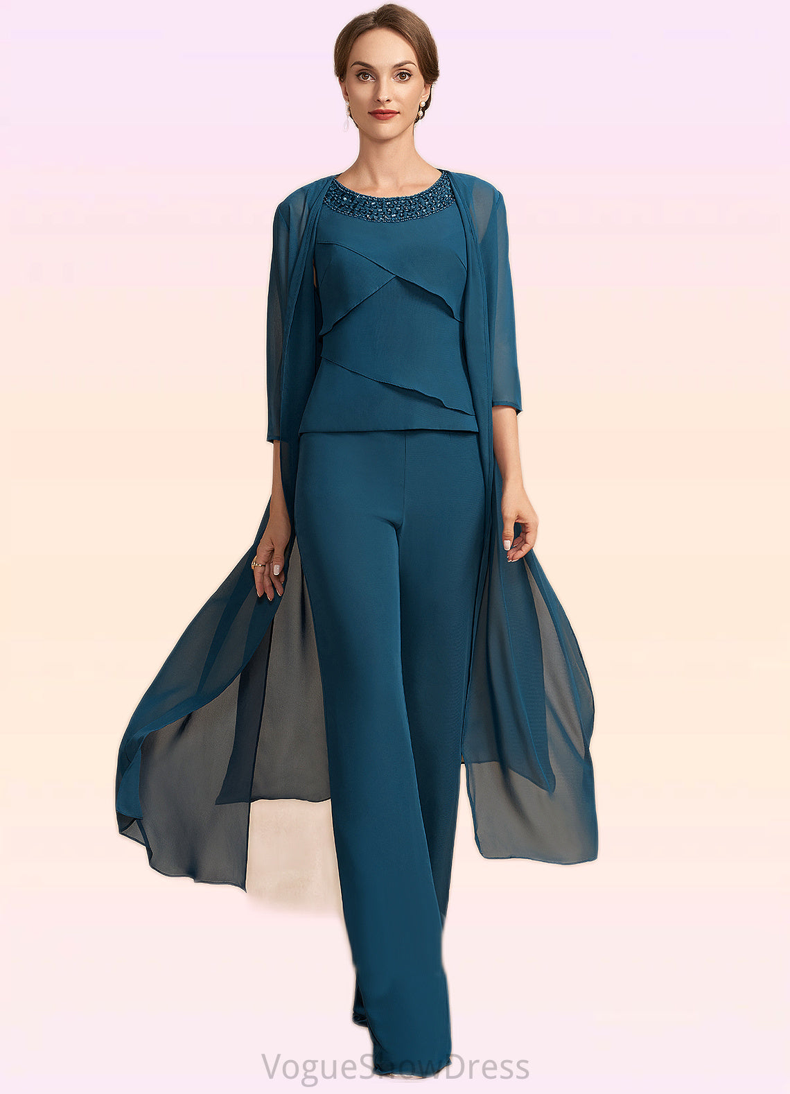 Kaila Jumpsuit/Pantsuit Scoop Neck Floor-Length Chiffon Mother of the Bride Dress With Beading Cascading Ruffles DL126P0014956