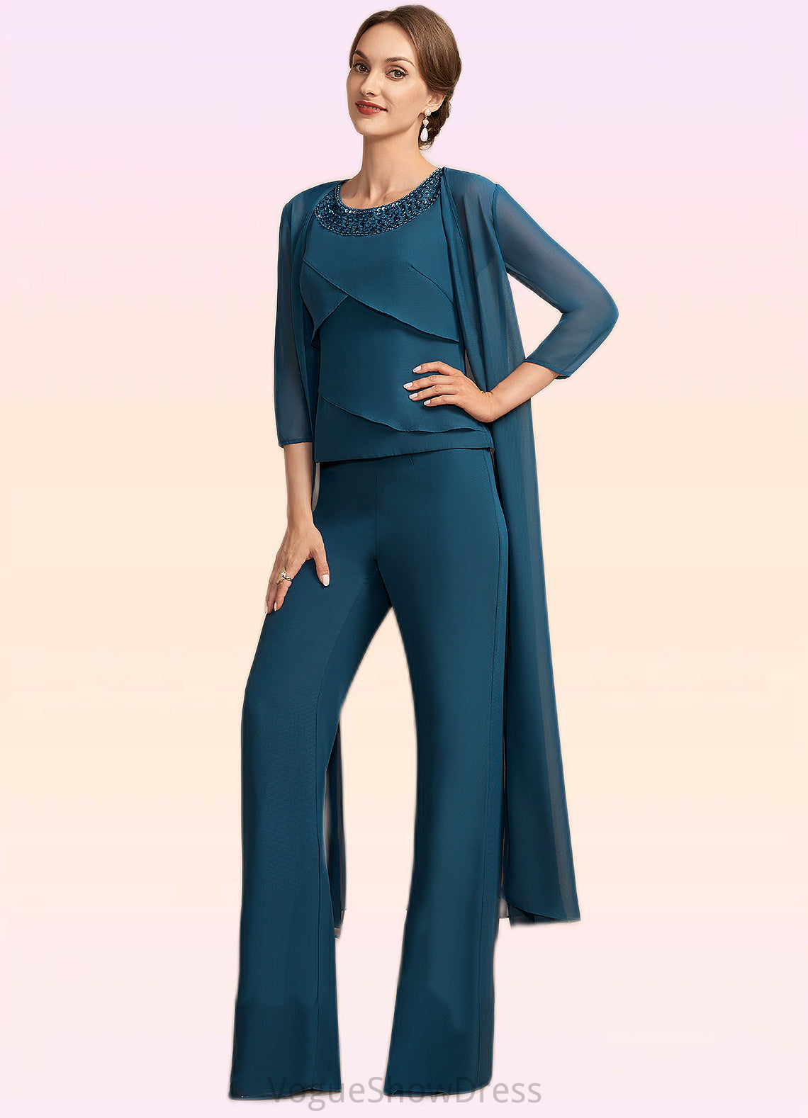 Kaila Jumpsuit/Pantsuit Scoop Neck Floor-Length Chiffon Mother of the Bride Dress With Beading Cascading Ruffles DL126P0014956