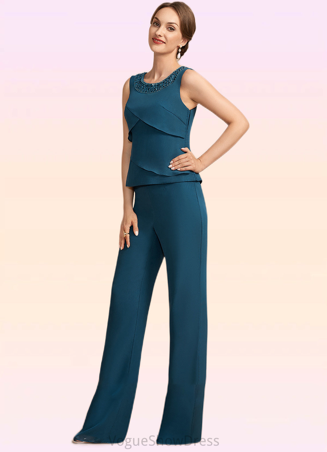 Kaila Jumpsuit/Pantsuit Scoop Neck Floor-Length Chiffon Mother of the Bride Dress With Beading Cascading Ruffles DL126P0014956