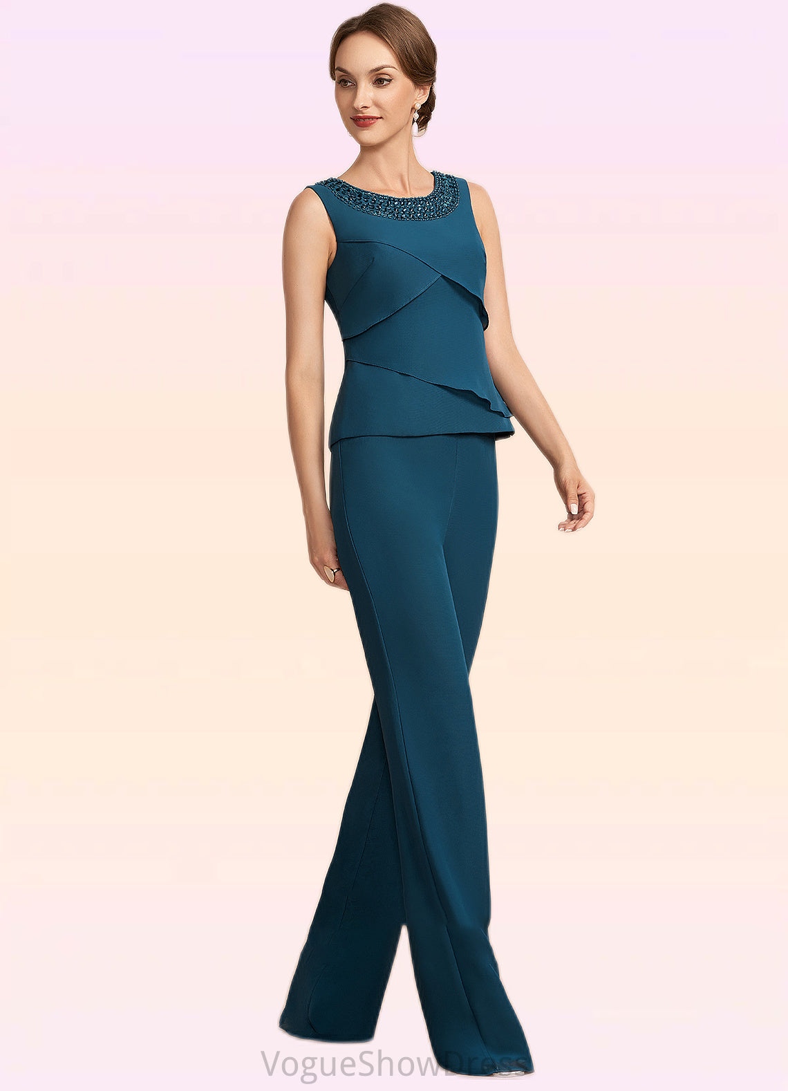 Kaila Jumpsuit/Pantsuit Scoop Neck Floor-Length Chiffon Mother of the Bride Dress With Beading Cascading Ruffles DL126P0014956