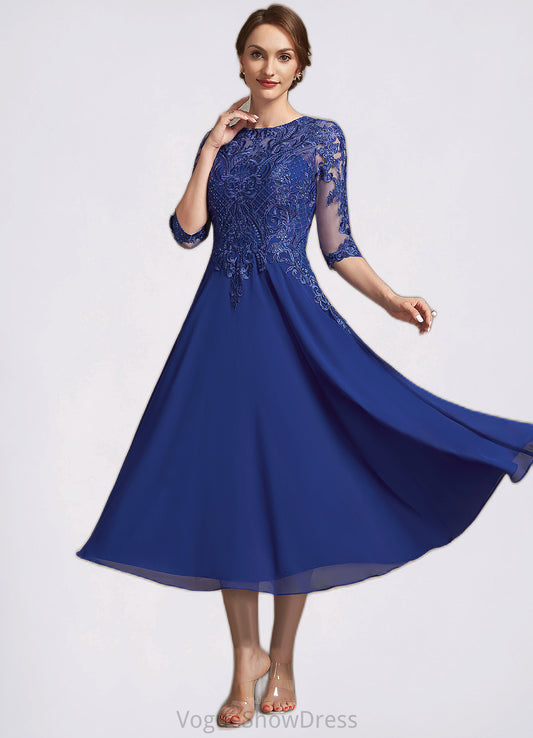 Jade A-Line Scoop Neck Tea-Length Chiffon Lace Mother of the Bride Dress With Sequins DL126P0014959