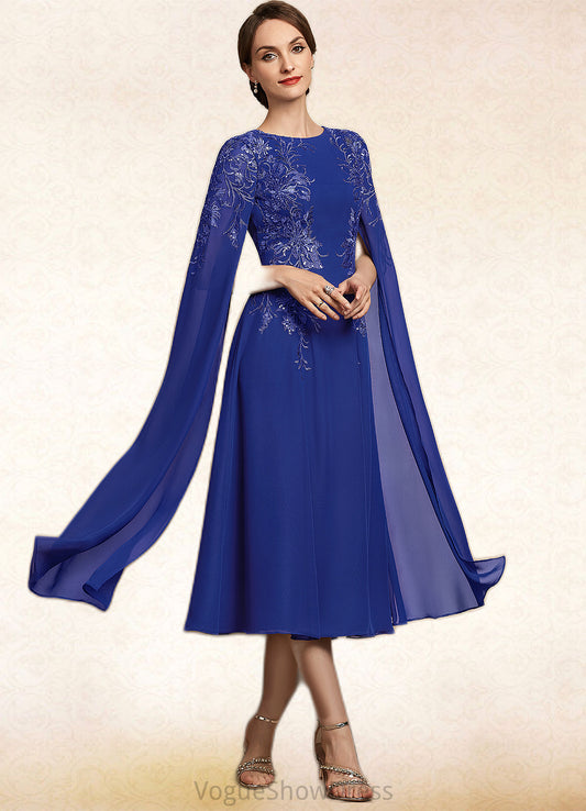 Sophie A-Line Scoop Neck Tea-Length Chiffon Lace Mother of the Bride Dress With Sequins DL126P0014960