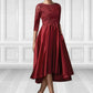 Jenny A-Line Scoop Neck Asymmetrical Satin Lace Mother of the Bride Dress With Sequins Pockets DL126P0014962