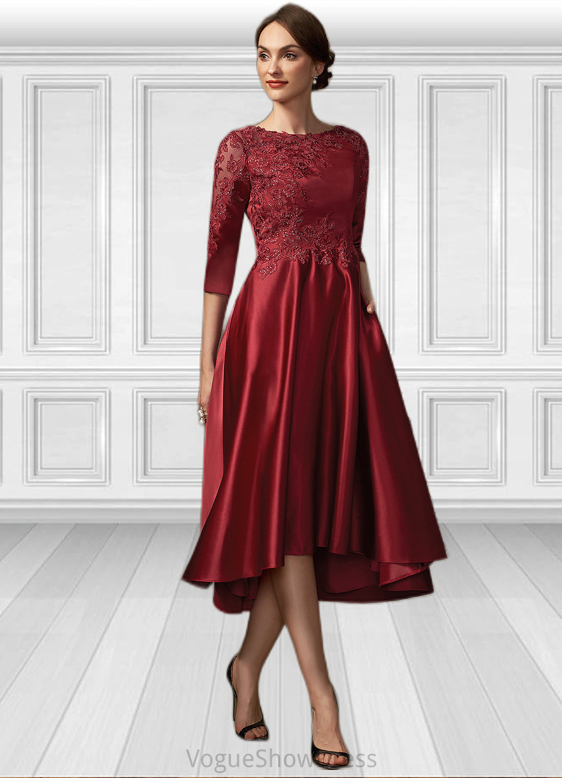 Jenny A-Line Scoop Neck Asymmetrical Satin Lace Mother of the Bride Dress With Sequins Pockets DL126P0014962